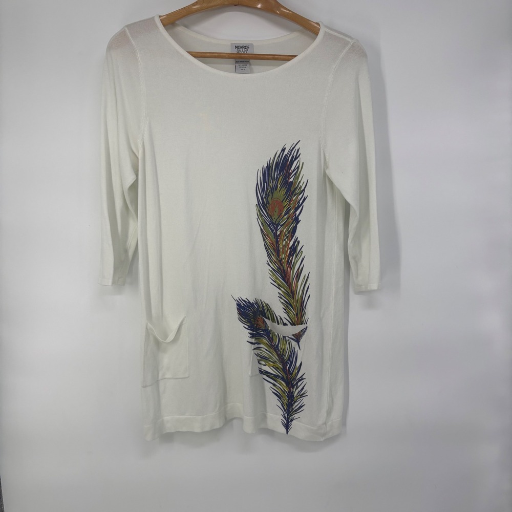 Monroe & Main Womens White Peacock Feather Tunic Sweater 3/4 Sleeve Pockets L